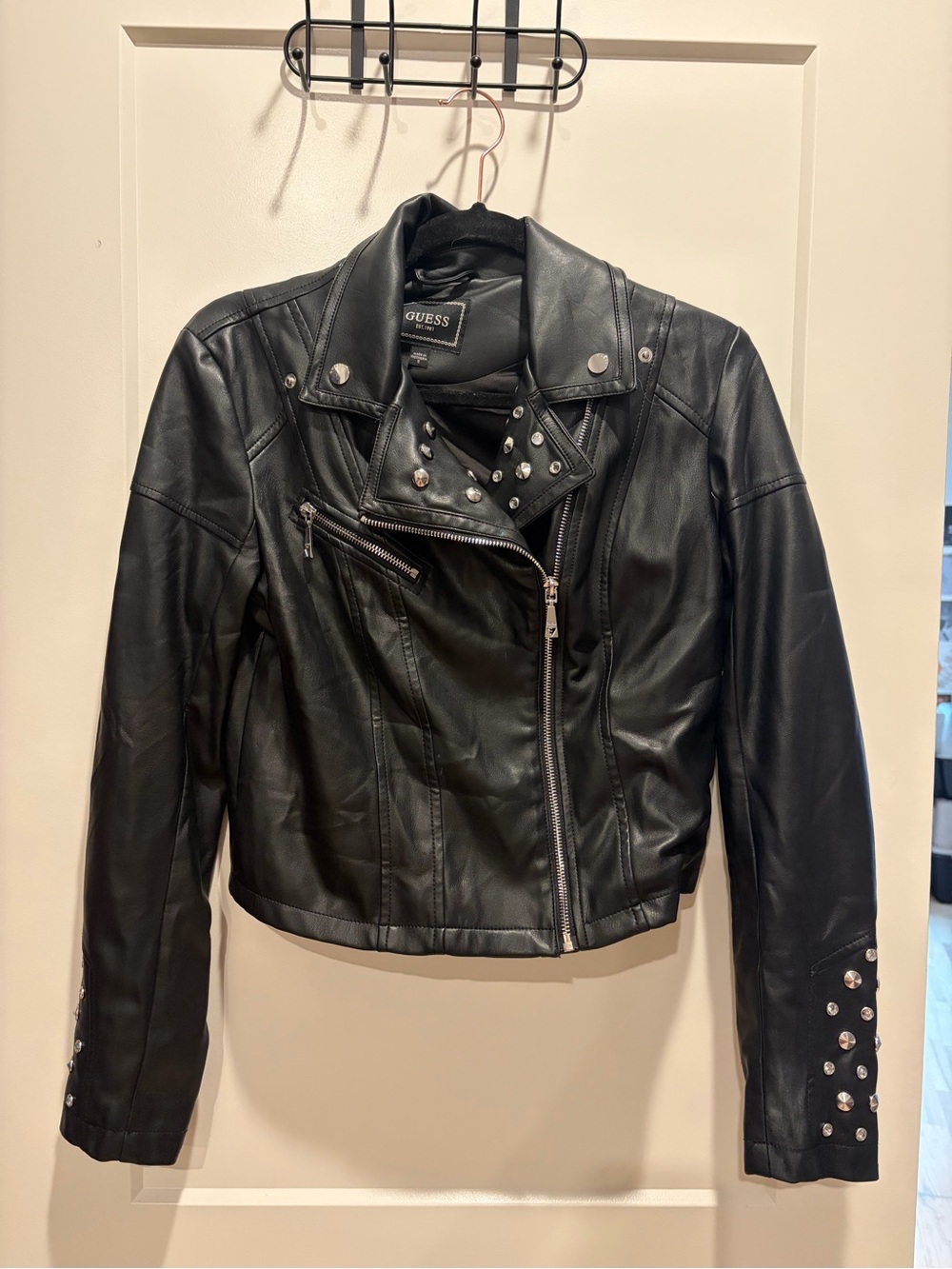 GUESS Black Studded Faux Leather Moto Jacket